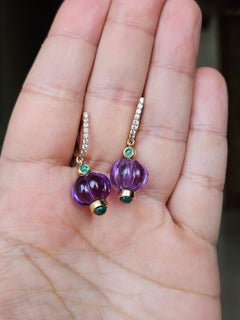 Set in 18K yellow Gold, Amethyst Pumpkins, Emeralds & Diamonds Dangle Earrings