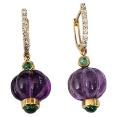 Set in 18K yellow Gold, Amethyst Pumpkins, Emeralds & Diamonds Dangle Earrings