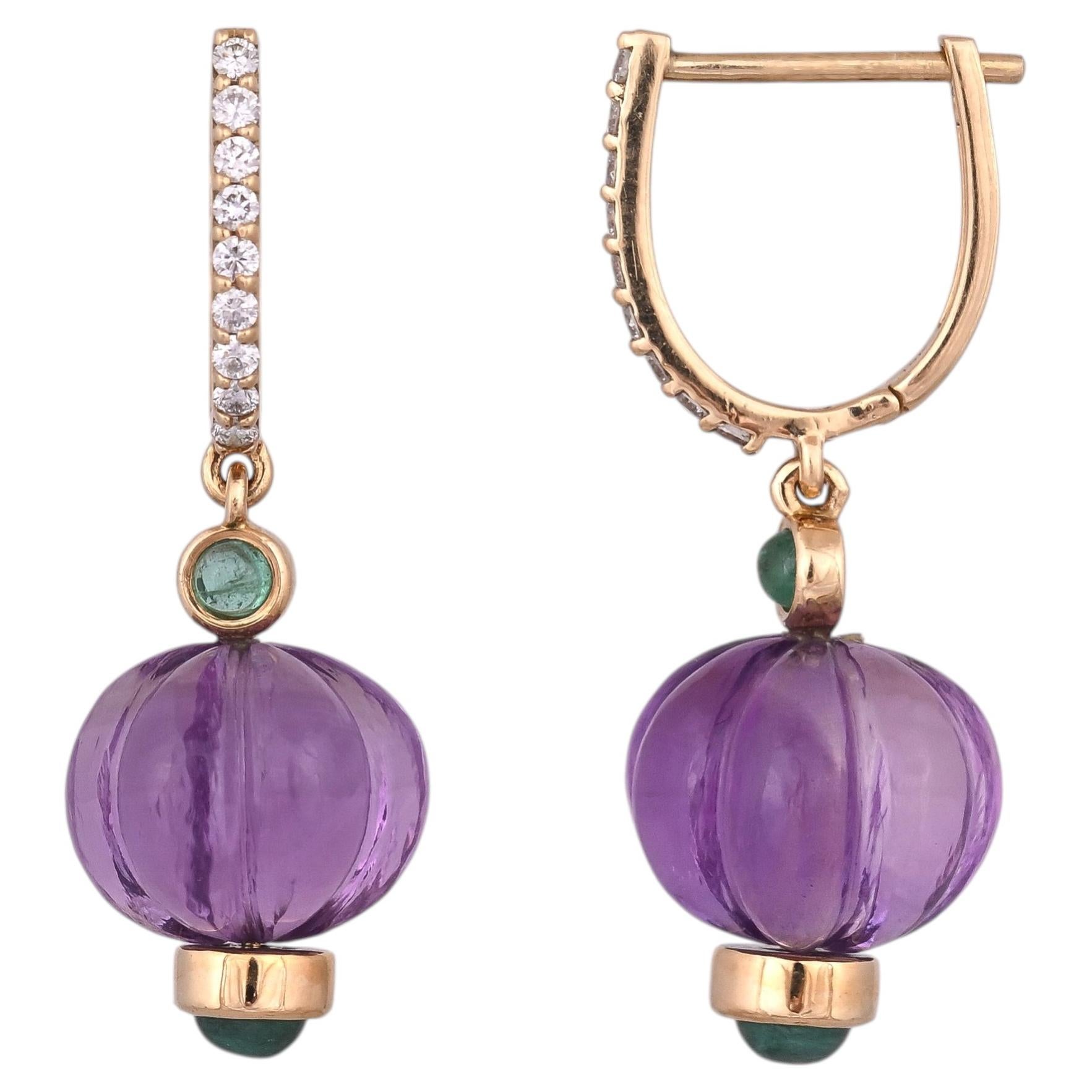 Set in 18K yellow Gold, Amethyst Pumpkins, Emeralds & Diamonds Dangle Earrings For Sale