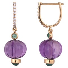 Set in 18K yellow Gold, Amethyst Pumpkins, Emeralds & Diamonds Dangle Earrings