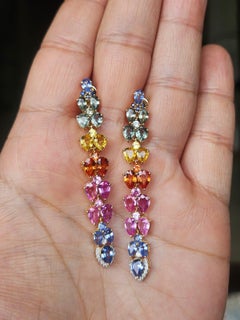 Set in 18K Yellow Gold, Ceylon Multi Sapphires & Diamonds Chandelier Earrings