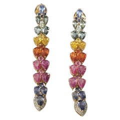Set in 18K Yellow Gold, Ceylon Multi Sapphires & Diamonds Chandelier Earrings