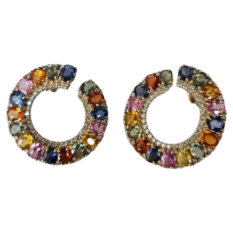 Set in 18K Yellow Gold, Ceylon Multi Sapphires & Diamonds Hoop Earrings For Sale