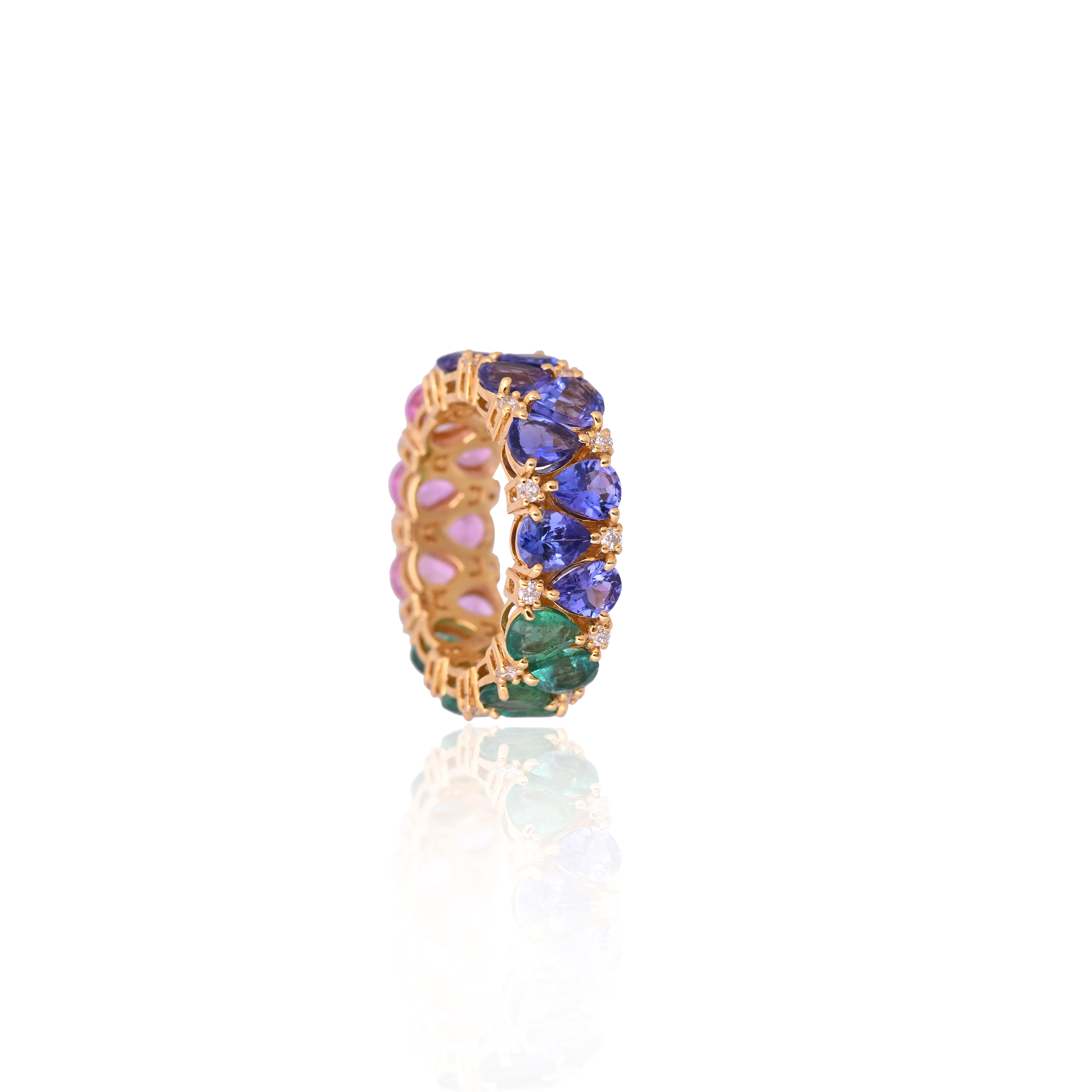Moderne Bague jonc en or jaune 18 carats, émeraudes, saphirs roses, tanzanites et diamants en vente