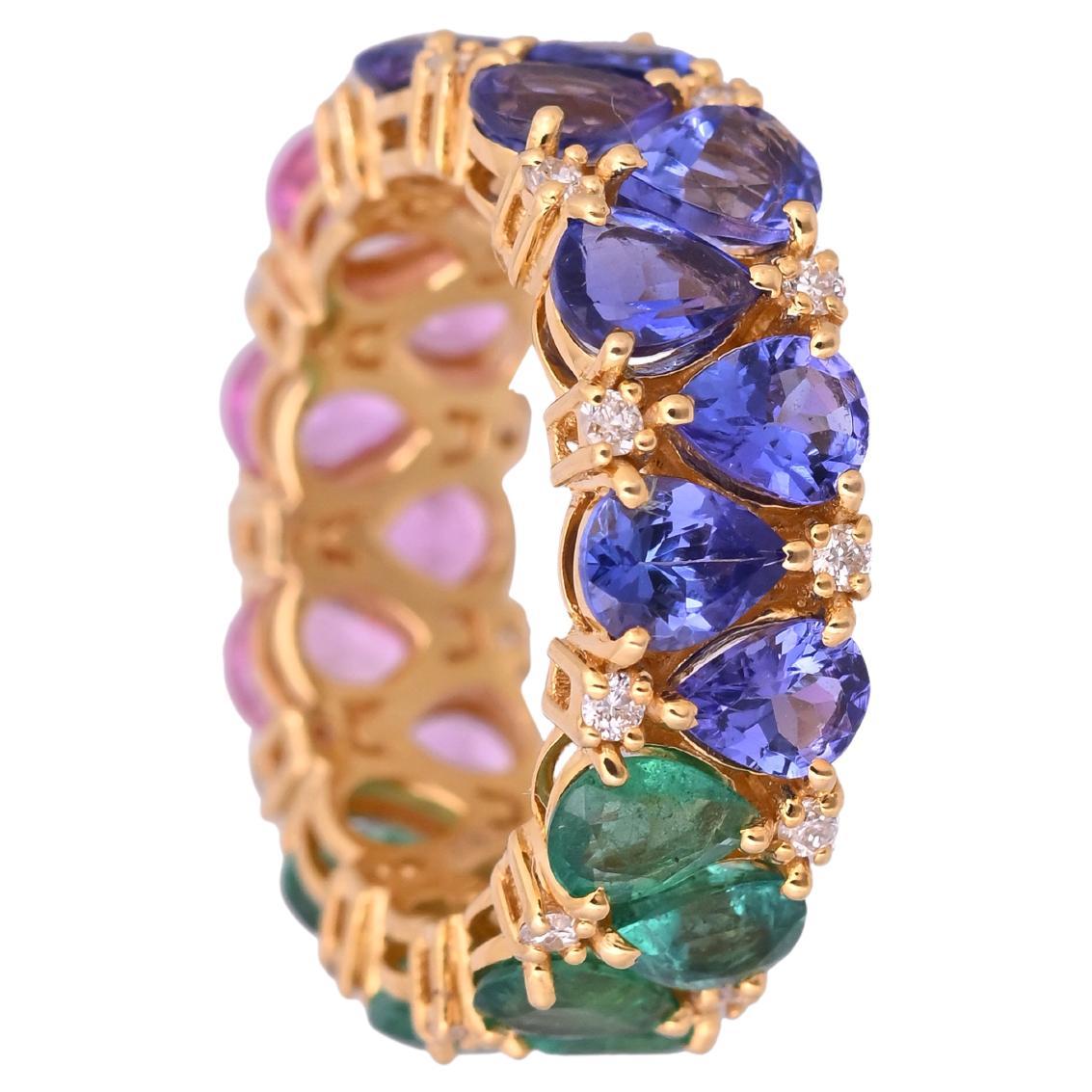 Set in 18K Yellow Gold, Emerald, Pink Sapphires, Tanzanites & Diamonds Band Ring