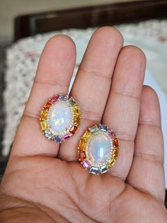 Set in 18K yellow Gold, Ethiopian Opal, Multi Sapphires & Diamonds Stud Earrings