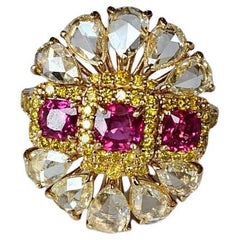 Set in 18K Yellow Gold, Mozambique Rubies 
Rose Cut Diamonds Cocktail Ring