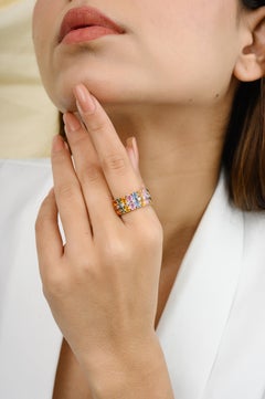 18k Yellow Gold Multi Color Sapphire Diamond Wedding Band Ring for Women