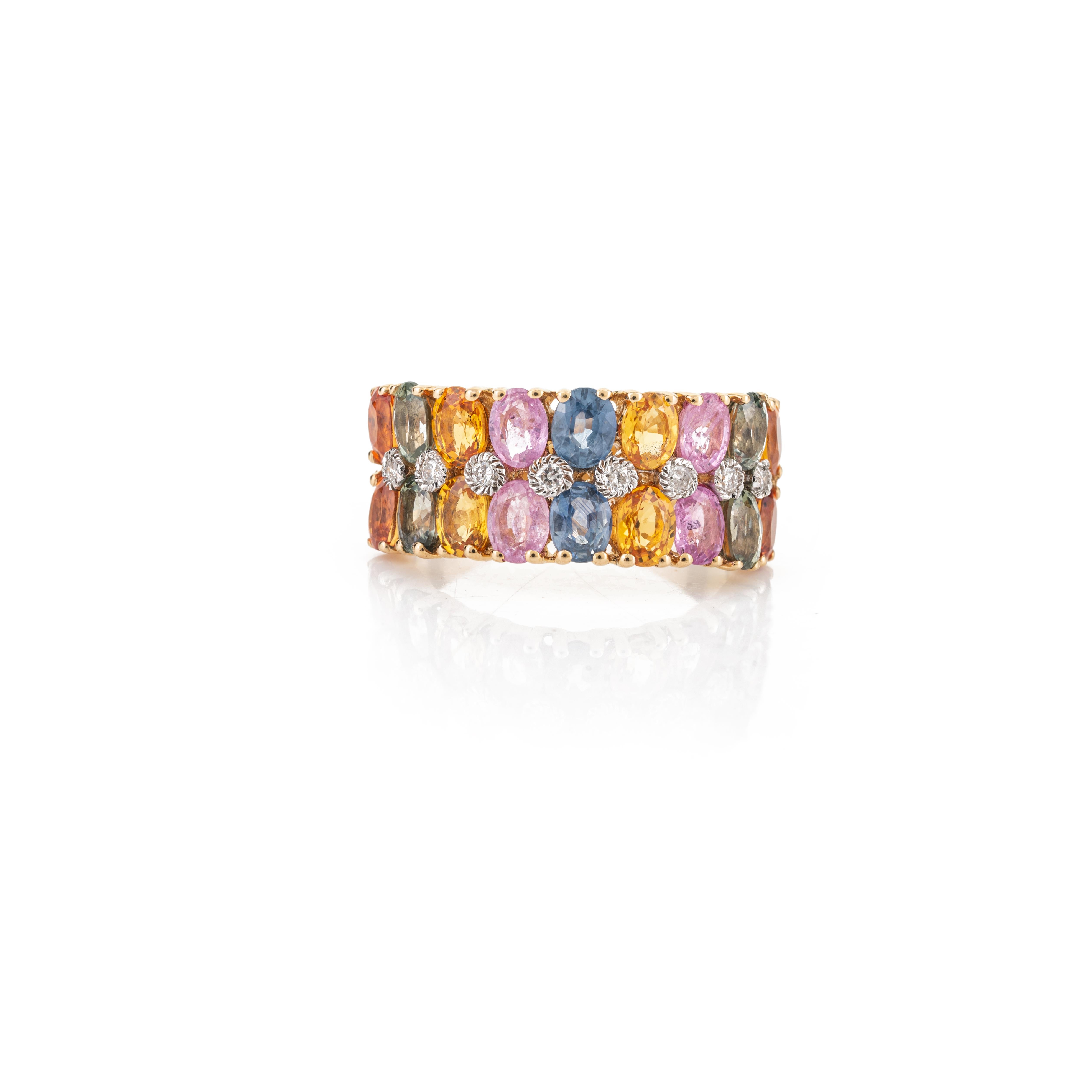 For Sale:  18k Yellow Gold Multi Color Sapphire Diamond Wedding Band Ring for Women 3