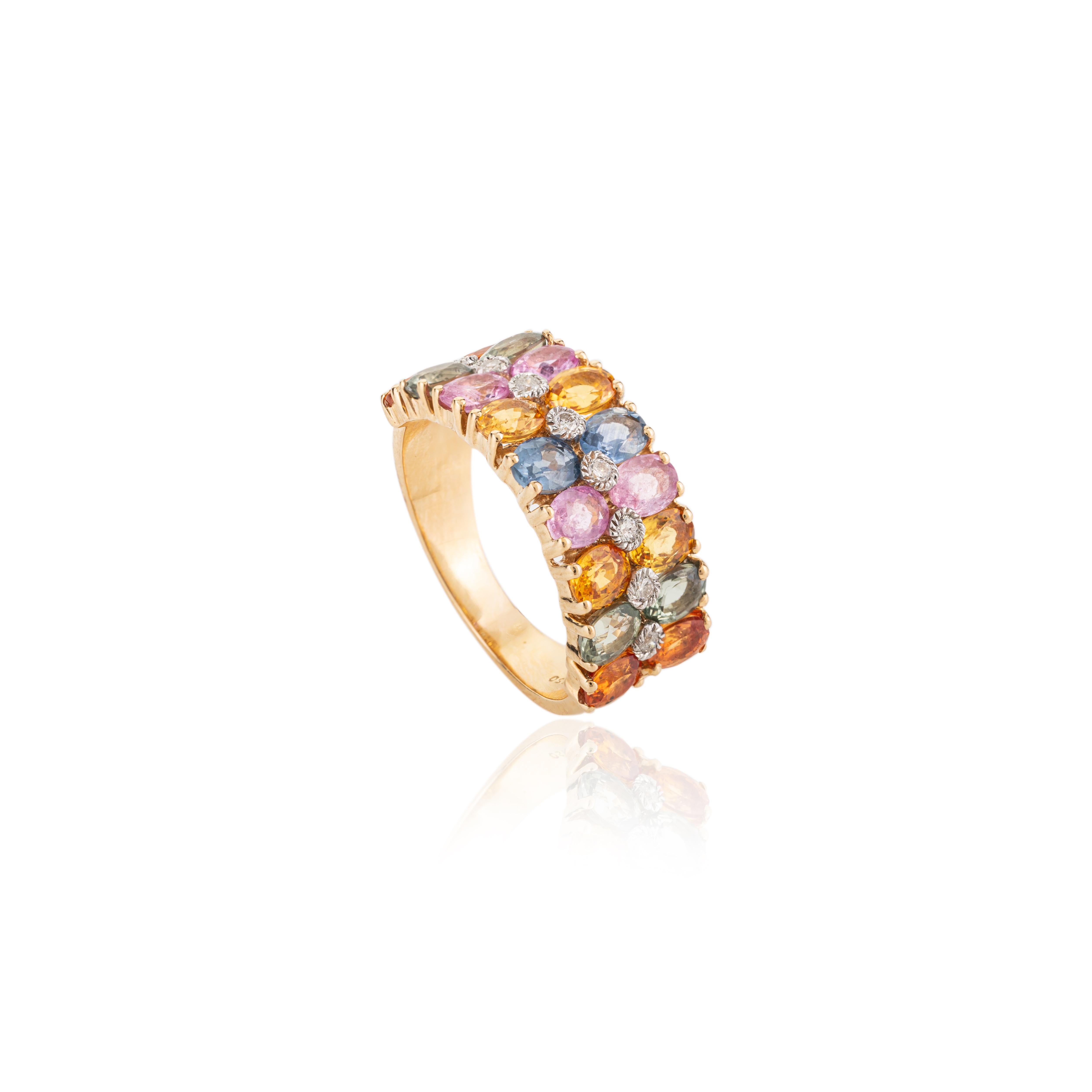 For Sale:  18k Yellow Gold Multi Color Sapphire Diamond Wedding Band Ring for Women 8
