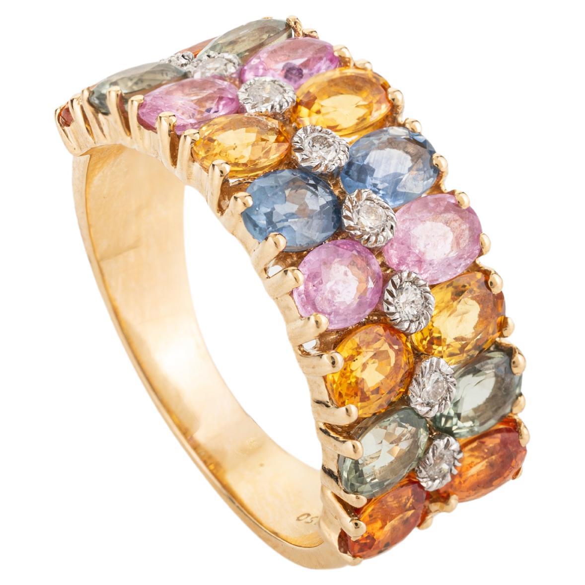 18k Yellow Gold Multi Color Sapphire Diamond Wedding Band Ring for Women