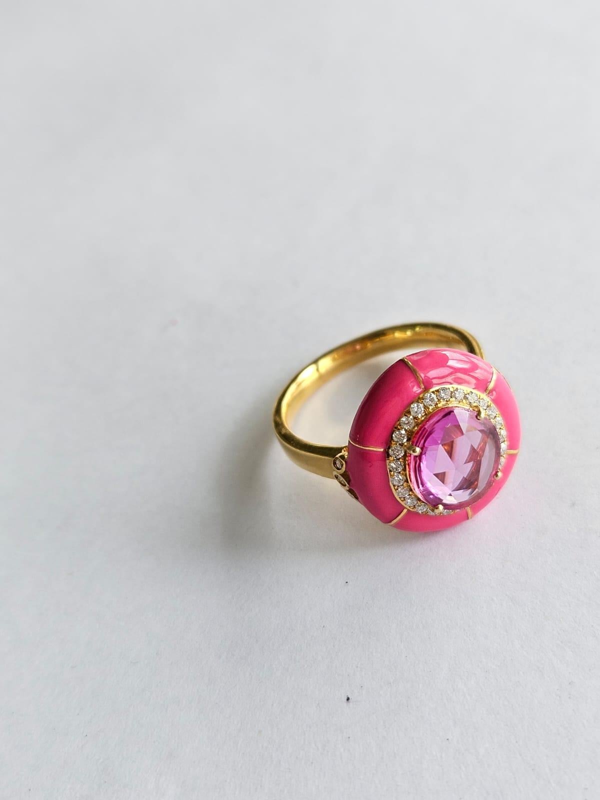 Rose Cut Set in 18K Yellow Gold, Pink Sapphire, Pink Enamel & Diamonds Engagement Ring For Sale