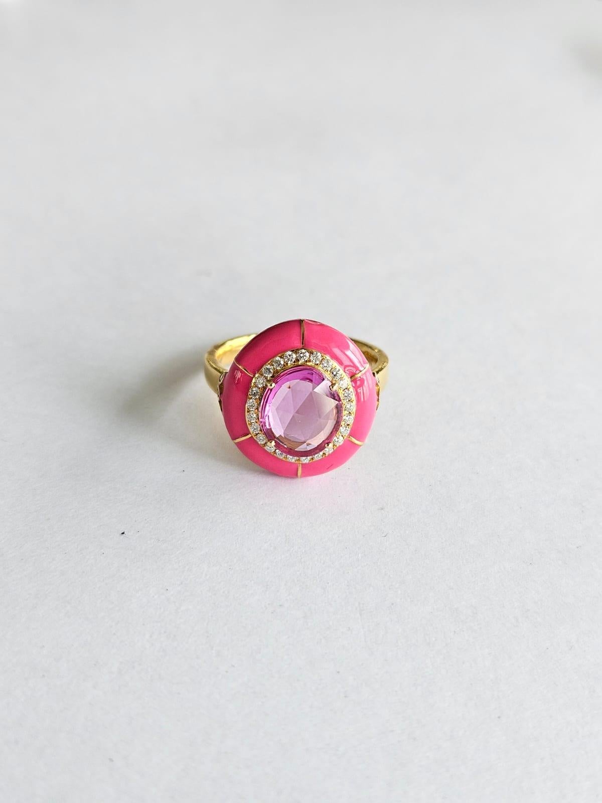 Set in 18K Yellow Gold, Pink Sapphire, Pink Enamel & Diamonds Engagement Ring In New Condition For Sale In Hong Kong, HK