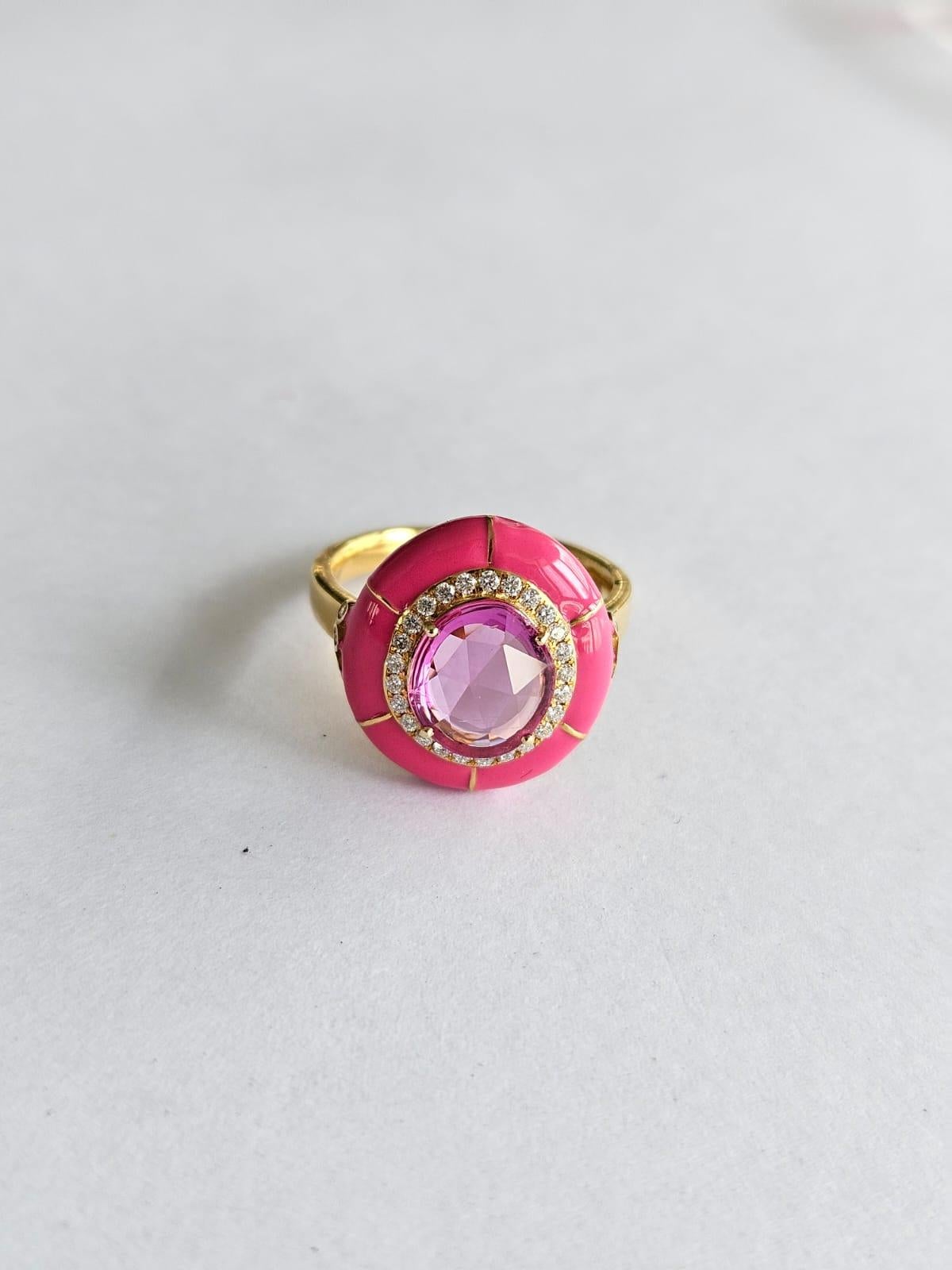 Women's or Men's Set in 18K Yellow Gold, Pink Sapphire, Pink Enamel & Diamonds Engagement Ring For Sale