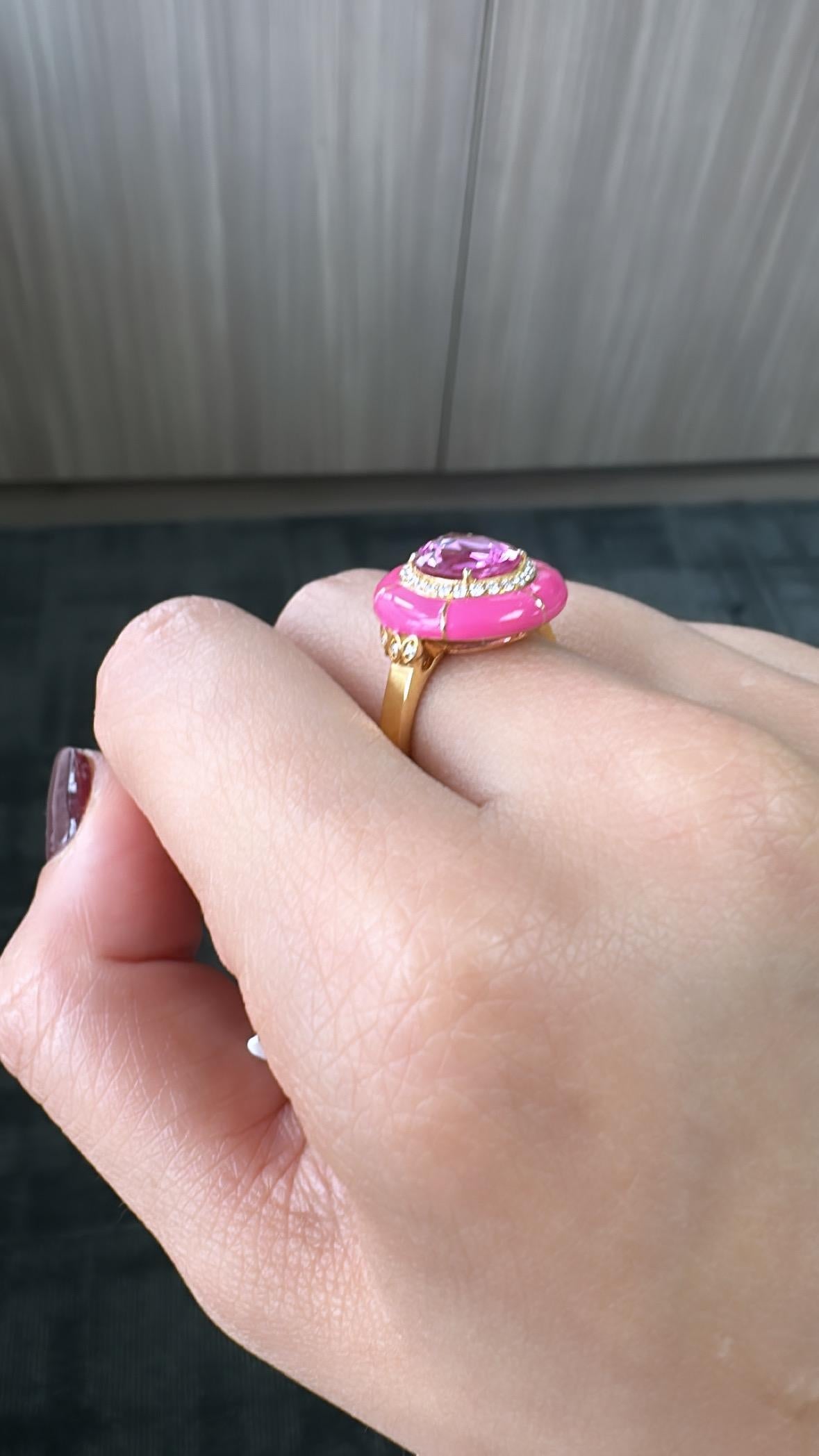 Set in 18K Yellow Gold, Pink Sapphire, Pink Enamel & Diamonds Engagement Ring For Sale 1