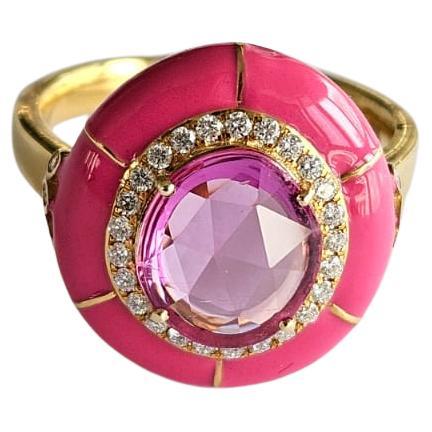 Set in 18K Yellow Gold, Pink Sapphire, Pink Enamel & Diamonds Engagement Ring For Sale