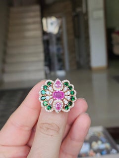 Set in 18K yellow Gold, Pink Sapphires, Green Tsavorite & Diamonds Cocktail Ring