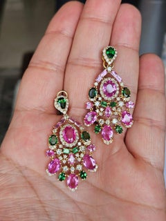 Set in 18K yellow Gold, Pink Sapphires, Tsavorites & Diamonds Dangle Earrings