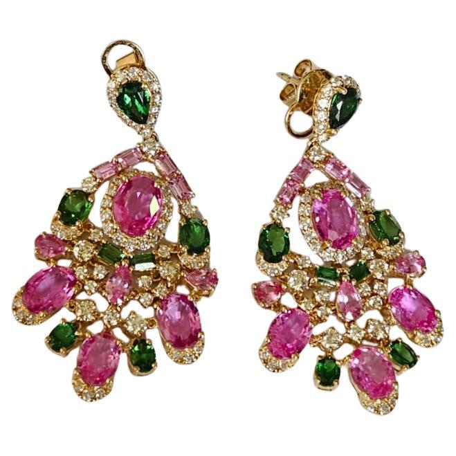 Set in 18K yellow Gold, Pink Sapphires, Tsavorites & Diamonds Dangle Earrings
