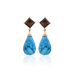 Set in 18K Yellow Gold, Smokey Quartz, Turquoise & Diamonds Drop Earrings