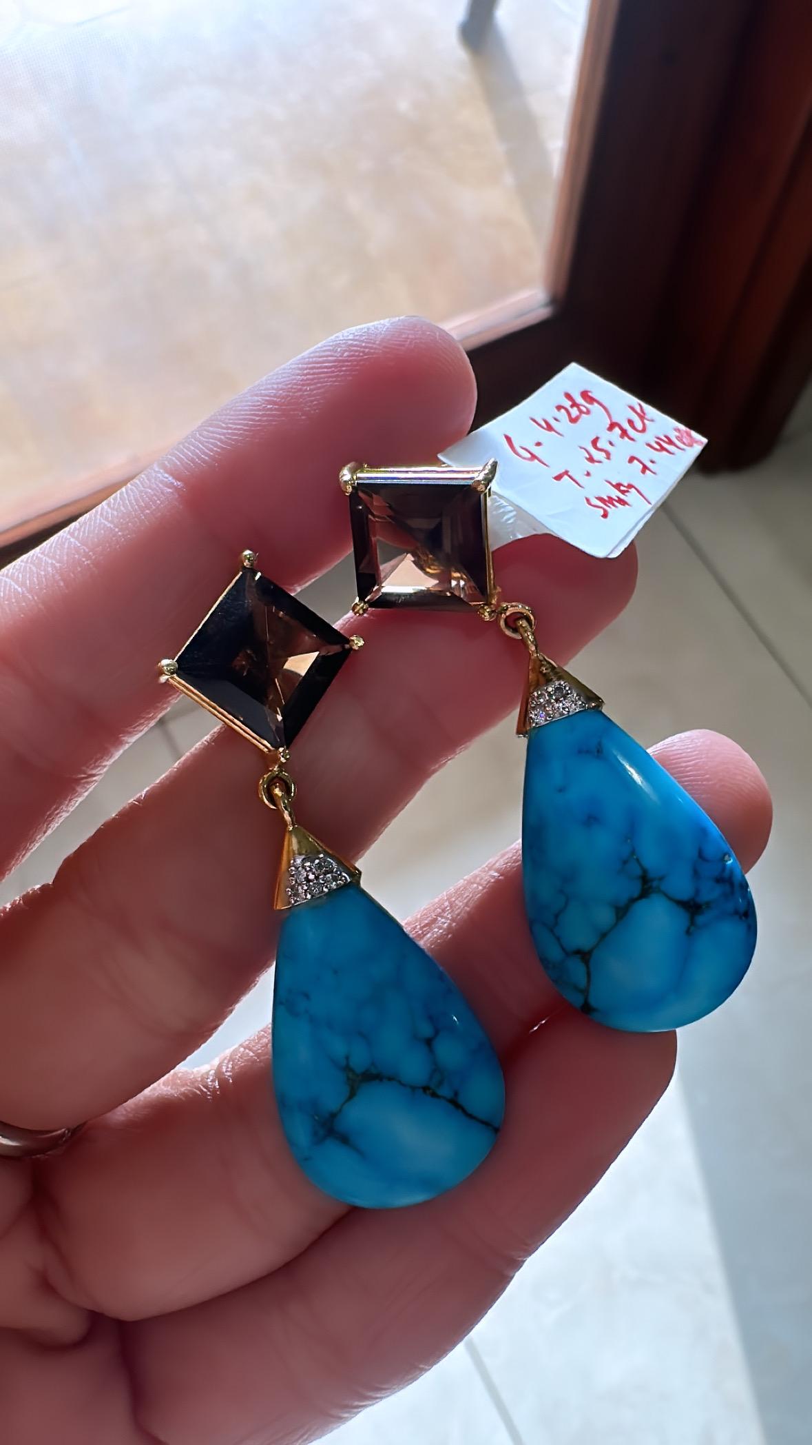 Set in 18K Yellow Gold, Smokey Quartz, Turquoise & Diamonds Drop Earrings In New Condition For Sale In Hong Kong, HK
