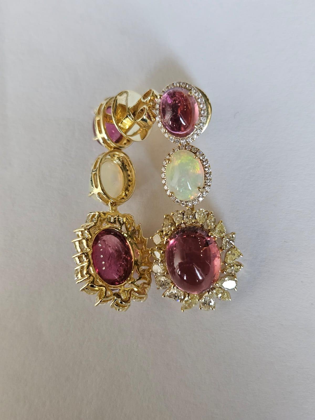 Set in 18K Yellow Gold, Tourmaline, Opal & Yellow Diamonds Chandelier Earrings For Sale 5