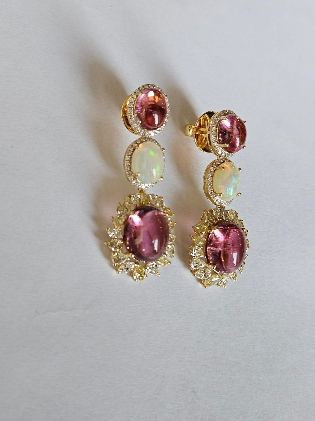 Set in 18K Yellow Gold, Tourmaline, Opal & Yellow Diamonds Chandelier Earrings For Sale 6