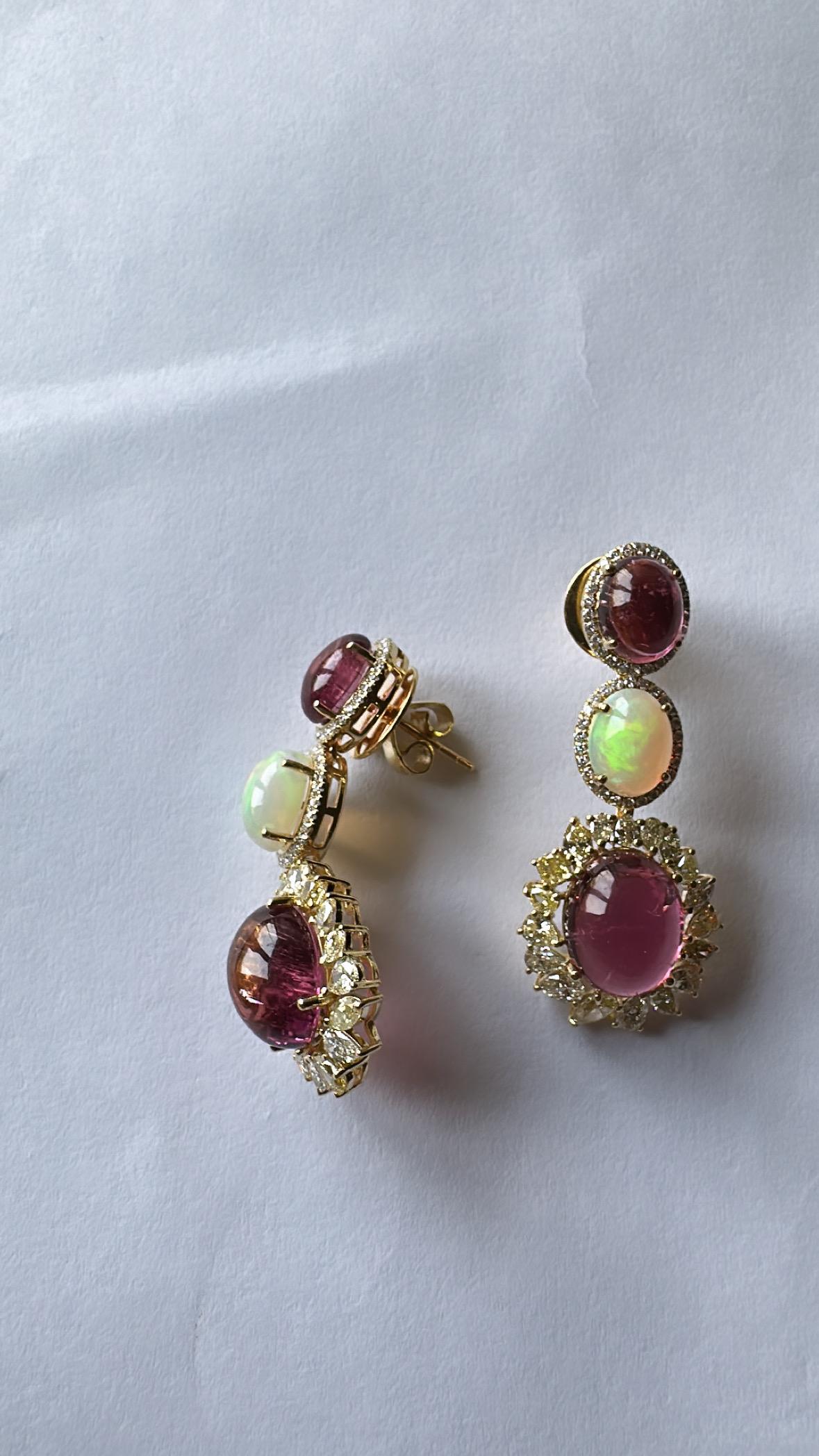 Women's or Men's Set in 18K Yellow Gold, Tourmaline, Opal & Yellow Diamonds Chandelier Earrings For Sale