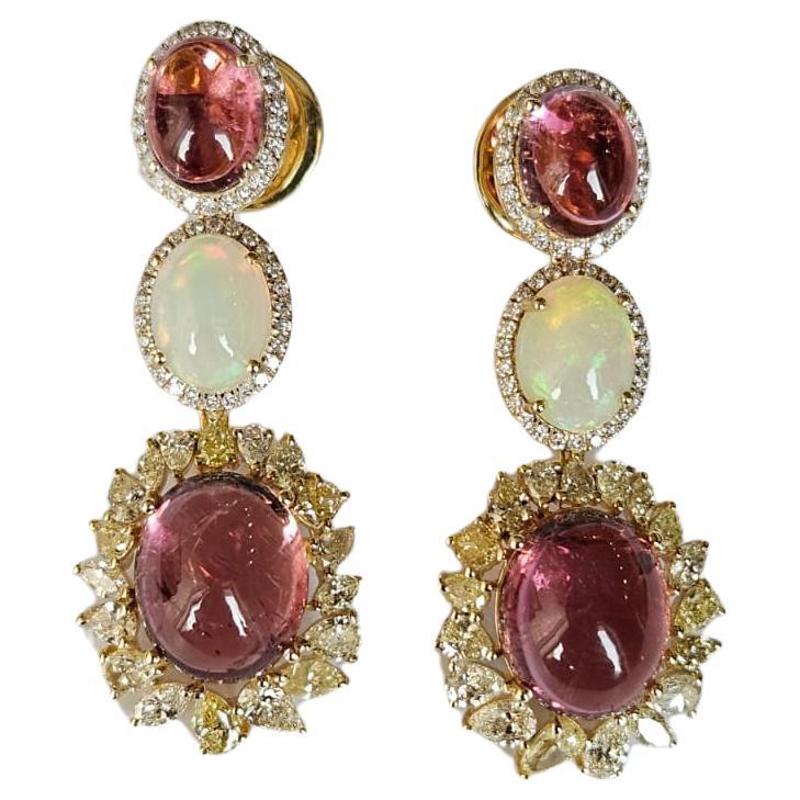Set in 18K Yellow Gold, Tourmaline, Opal & Yellow Diamonds Chandelier Earrings For Sale