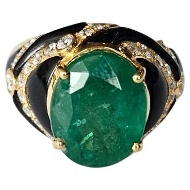 Verlobungsring aus 18 Karat Gelbgold, sambischem Smaragd, schwarzem Onyx und Diamanten