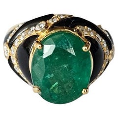 Set in 18K Yellow Gold, Zambian Emerald, Black Onyx & Diamonds Engagement Ring
