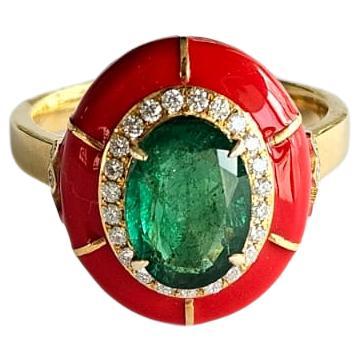 Set in 18K Yellow Gold, Zambian Emerald, Orange Enamel & Diamonds Cocktail Ring