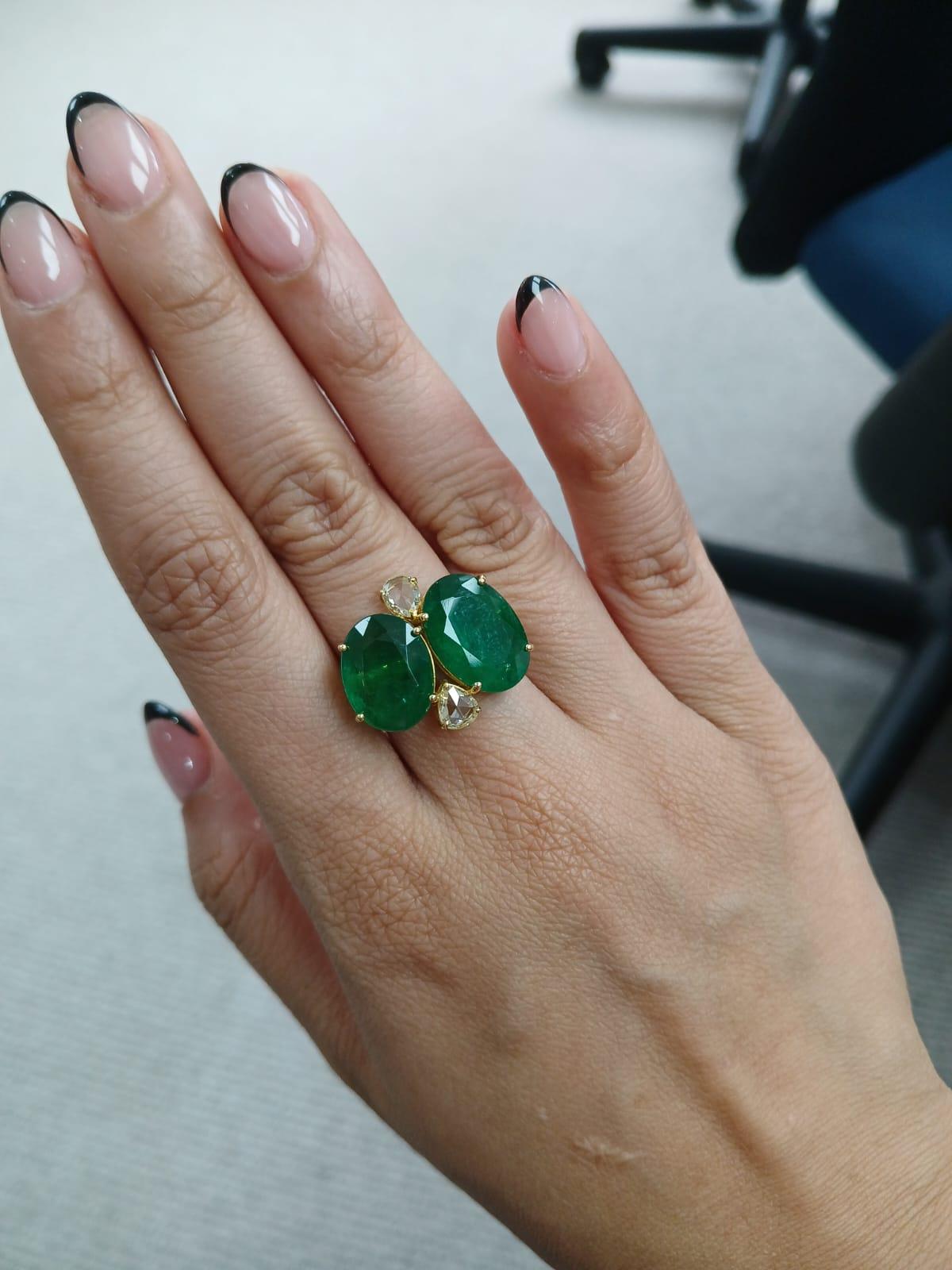 Set in 18k Yellow Matte Gold 12.74 Carat Zambian Emerald & Diamond Cocktail Ring For Sale 4