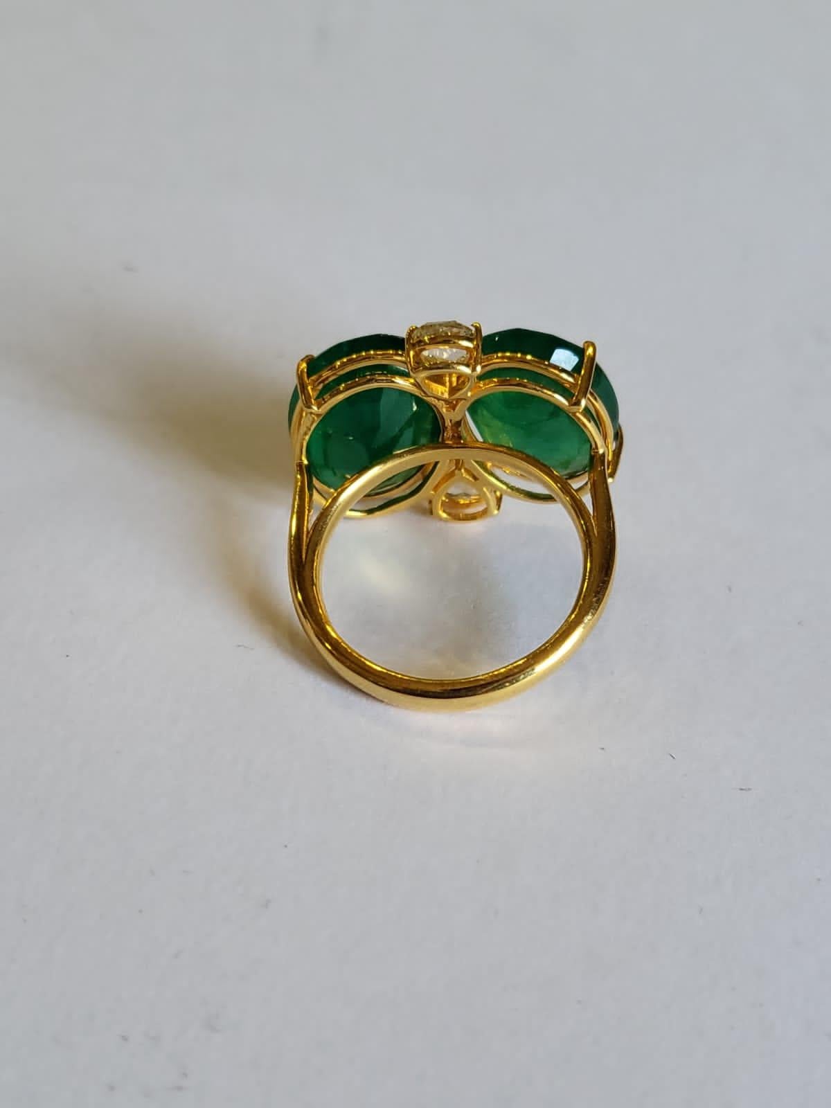 Art Deco Set in 18k Yellow Matte Gold 12.74 Carat Zambian Emerald & Diamond Cocktail Ring For Sale