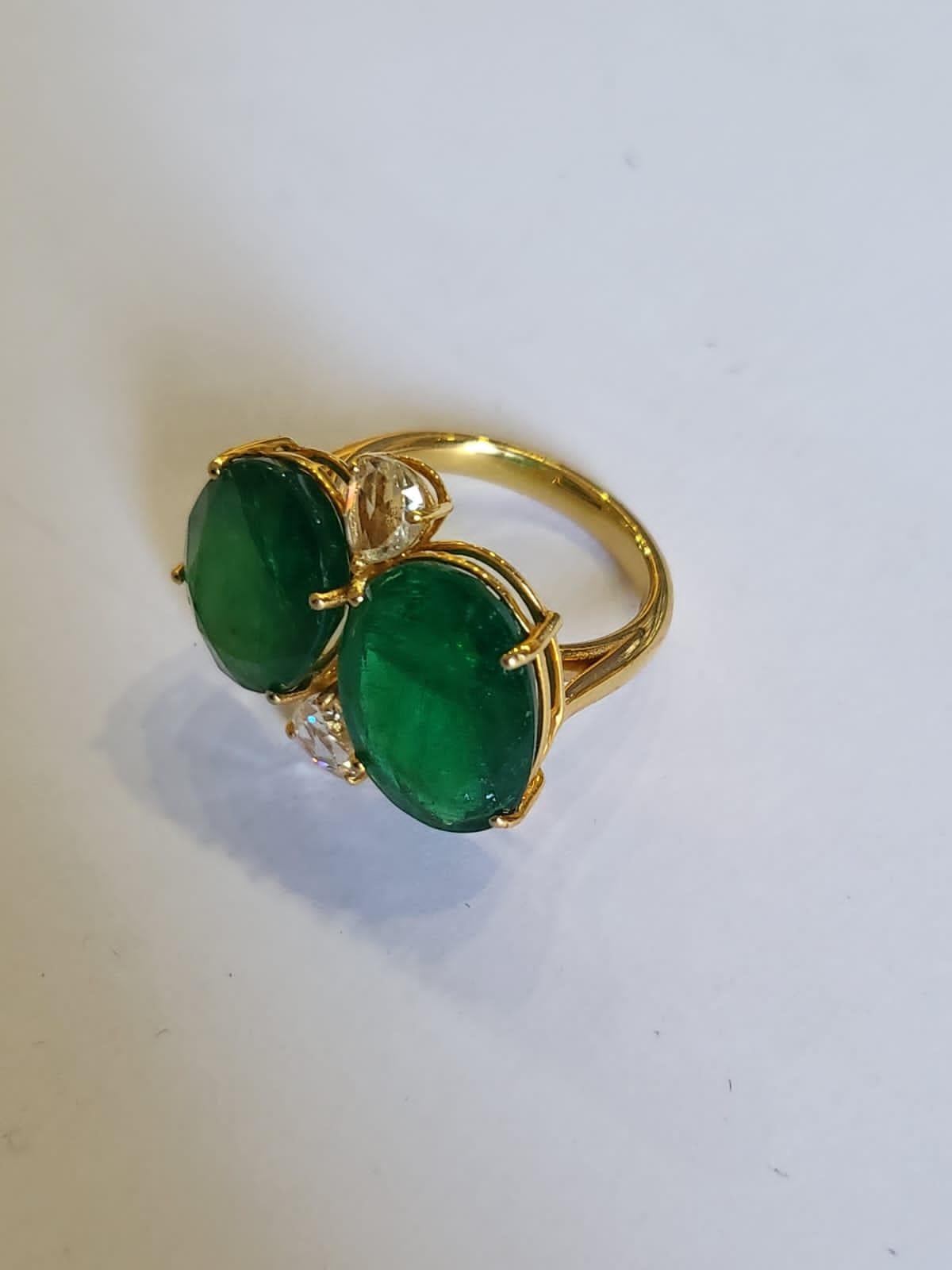 Rose Cut Set in 18k Yellow Matte Gold 12.74 Carat Zambian Emerald & Diamond Cocktail Ring For Sale