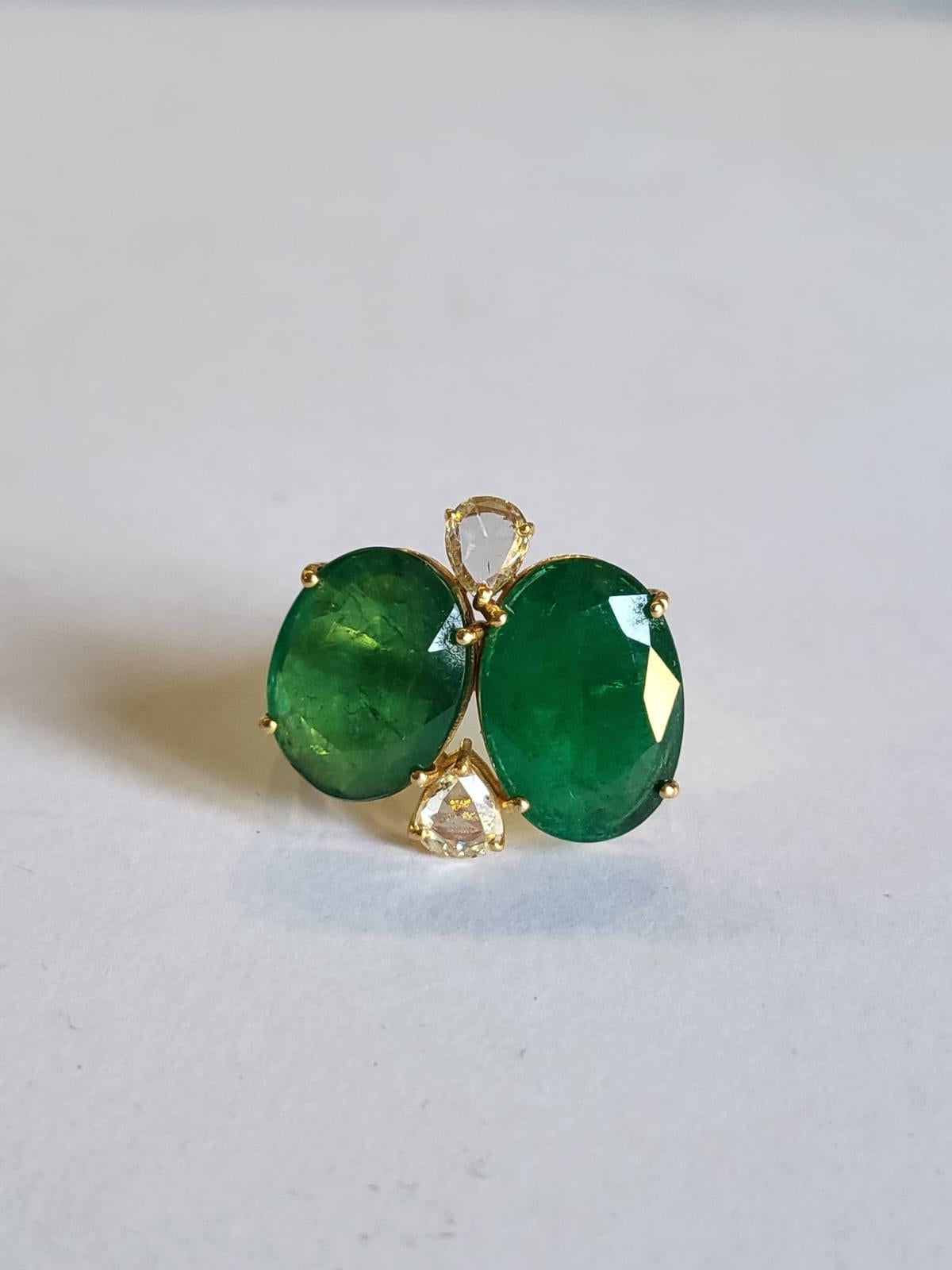 Set in 18k Yellow Matte Gold 12.74 Carat Zambian Emerald & Diamond Cocktail Ring In New Condition For Sale In Hong Kong, HK