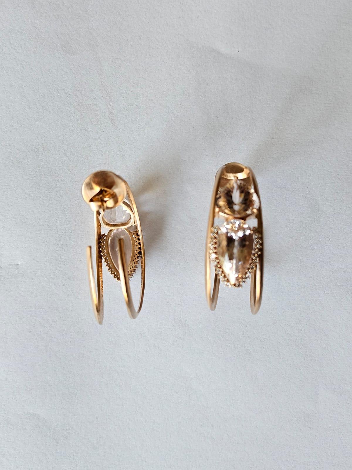 Taille poire Créoles en or jaune mat 18 carats, morganite et diamants de 20,46 carats en vente