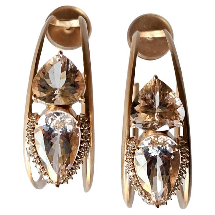 Set in 18K yellow Matte Gold, 20.46 carats, Morganite & Diamonds Hoop Earrings