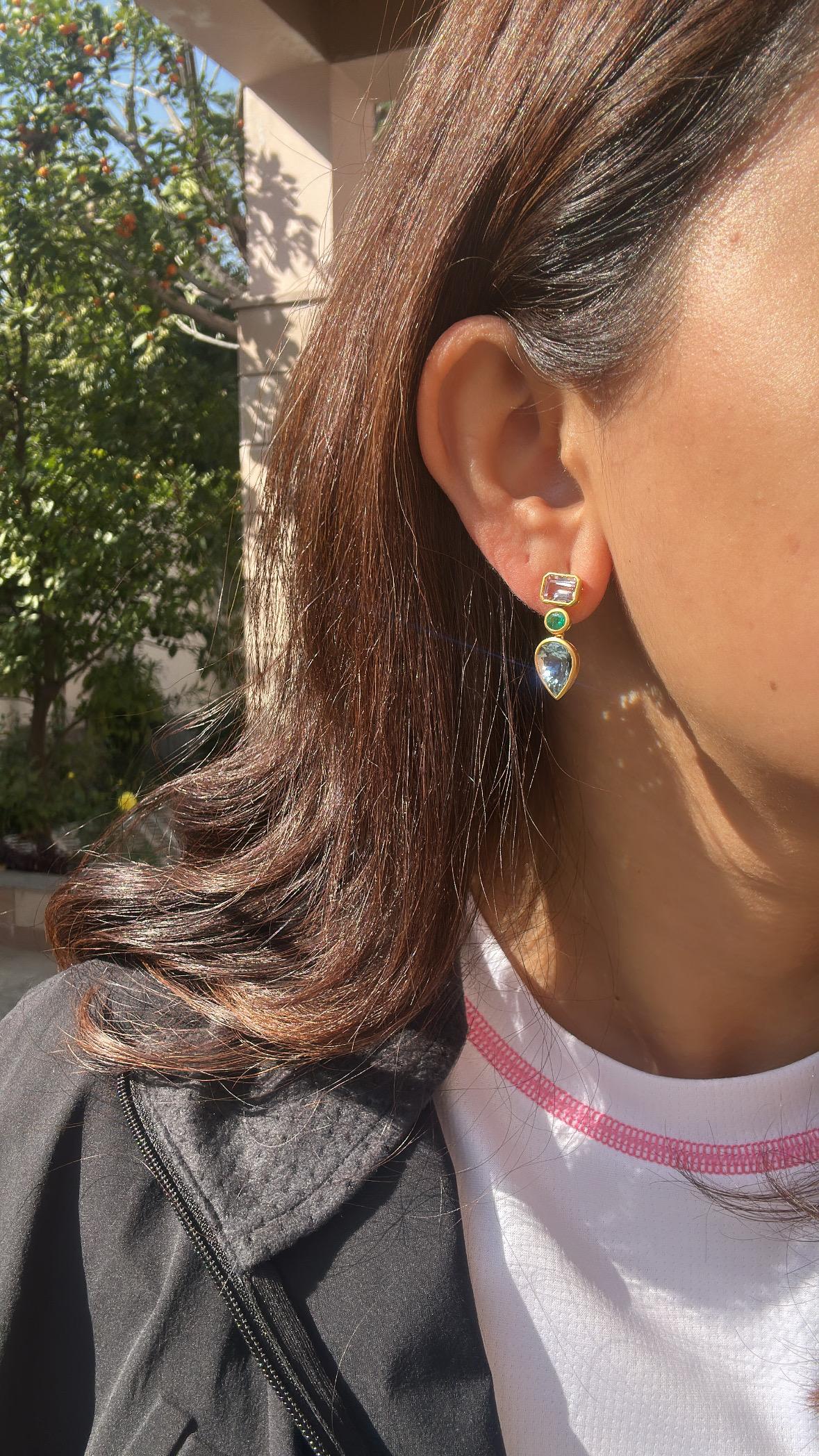 Set in 18K yellow Matte Gold, Aquamarine, Emerald & Morganite Dangle Earring For Sale 4
