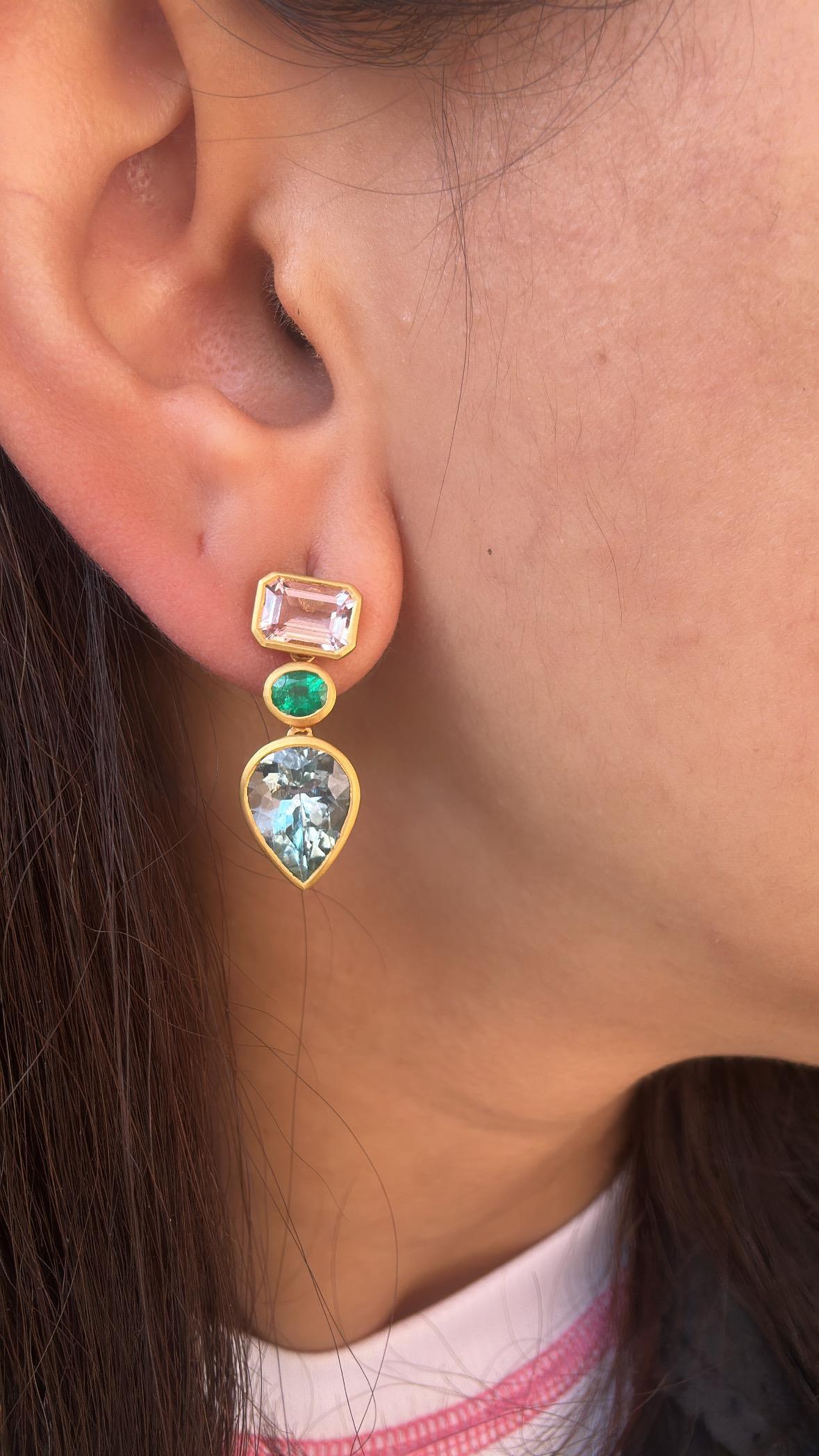 Set in 18K yellow Matte Gold, Aquamarine, Emerald & Morganite Dangle Earring For Sale 5