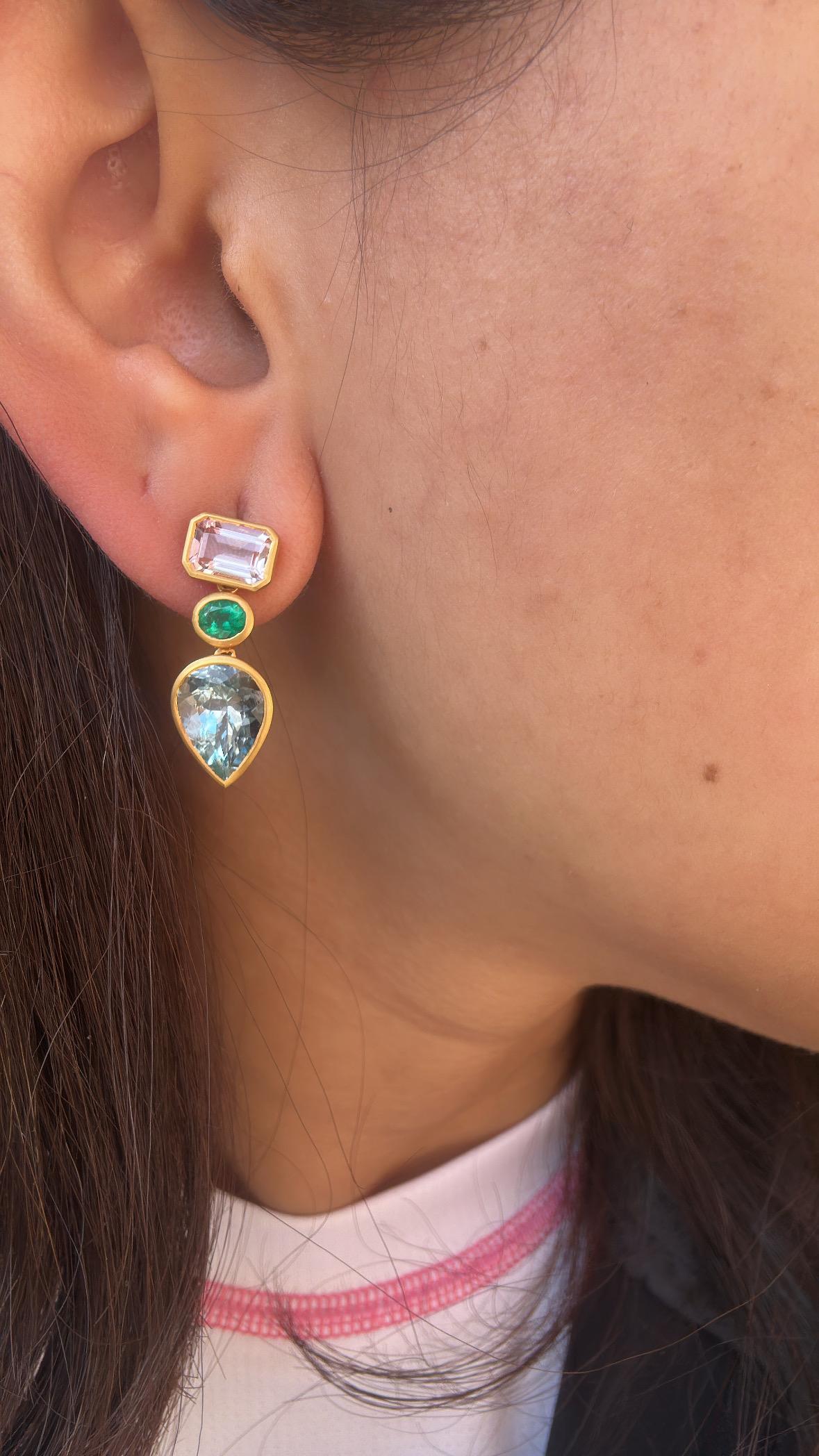 Set in 18K yellow Matte Gold, Aquamarine, Emerald & Morganite Dangle Earring For Sale 6