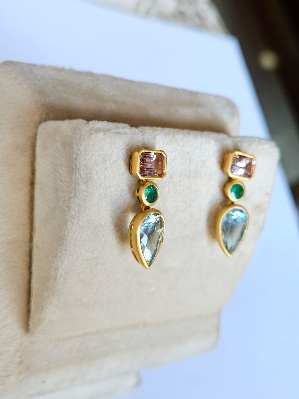 Pear Cut Set in 18K yellow Matte Gold, Aquamarine, Emerald & Morganite Dangle Earring For Sale