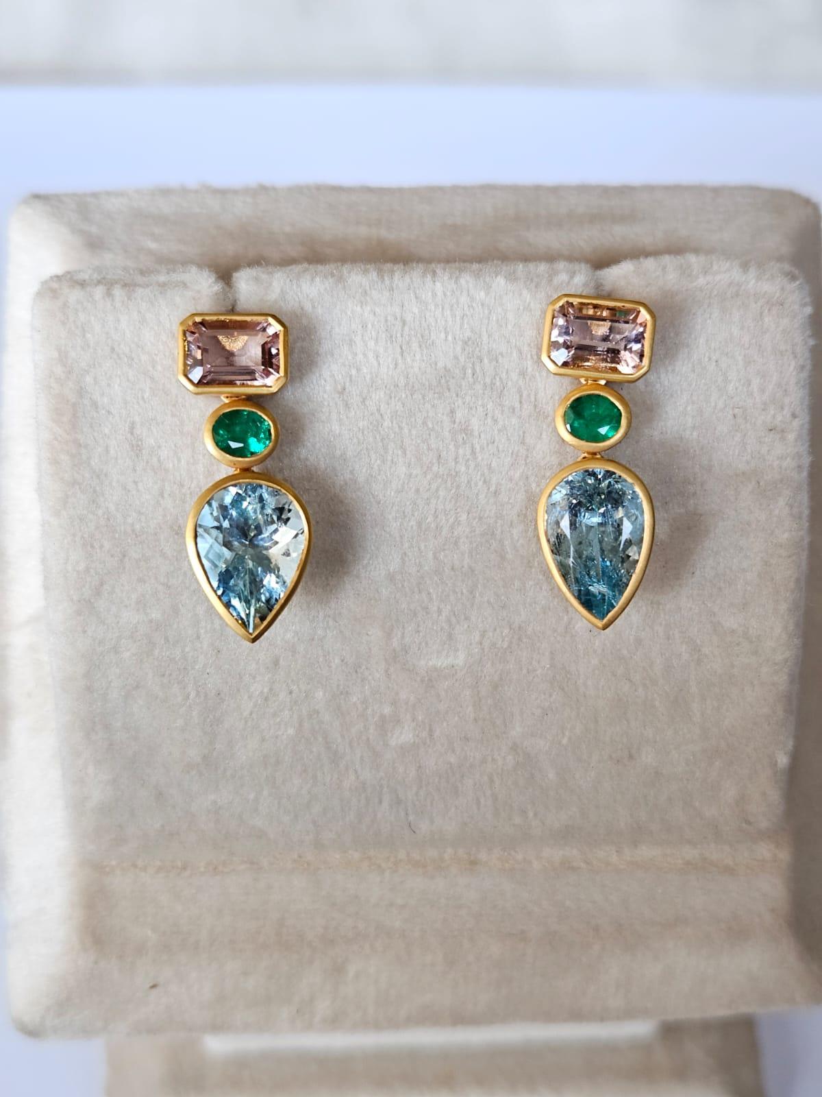Set in 18K yellow Matte Gold, Aquamarine, Emerald & Morganite Dangle Earring In New Condition For Sale In Hong Kong, HK