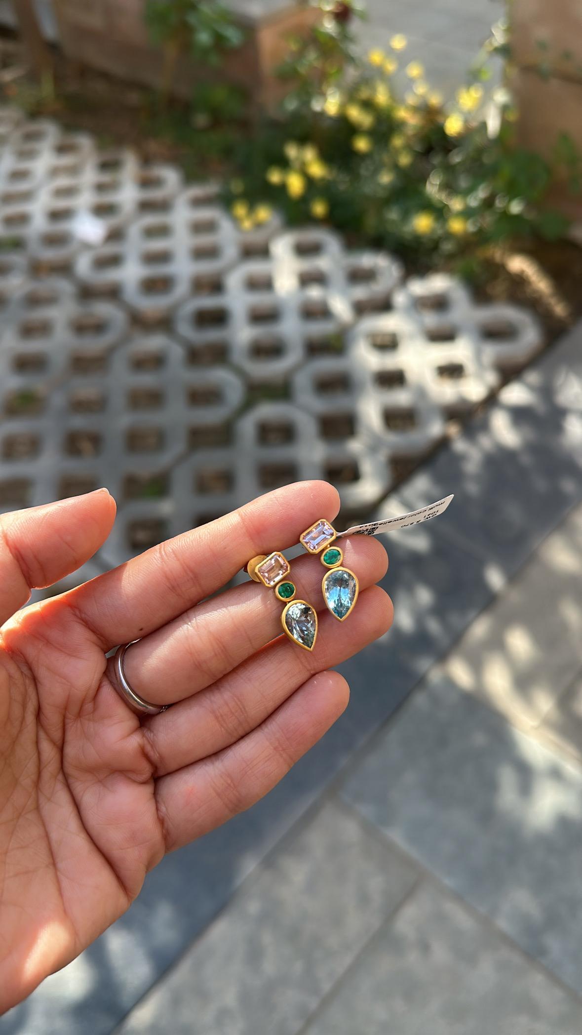 Women's or Men's Set in 18K yellow Matte Gold, Aquamarine, Emerald & Morganite Dangle Earring For Sale