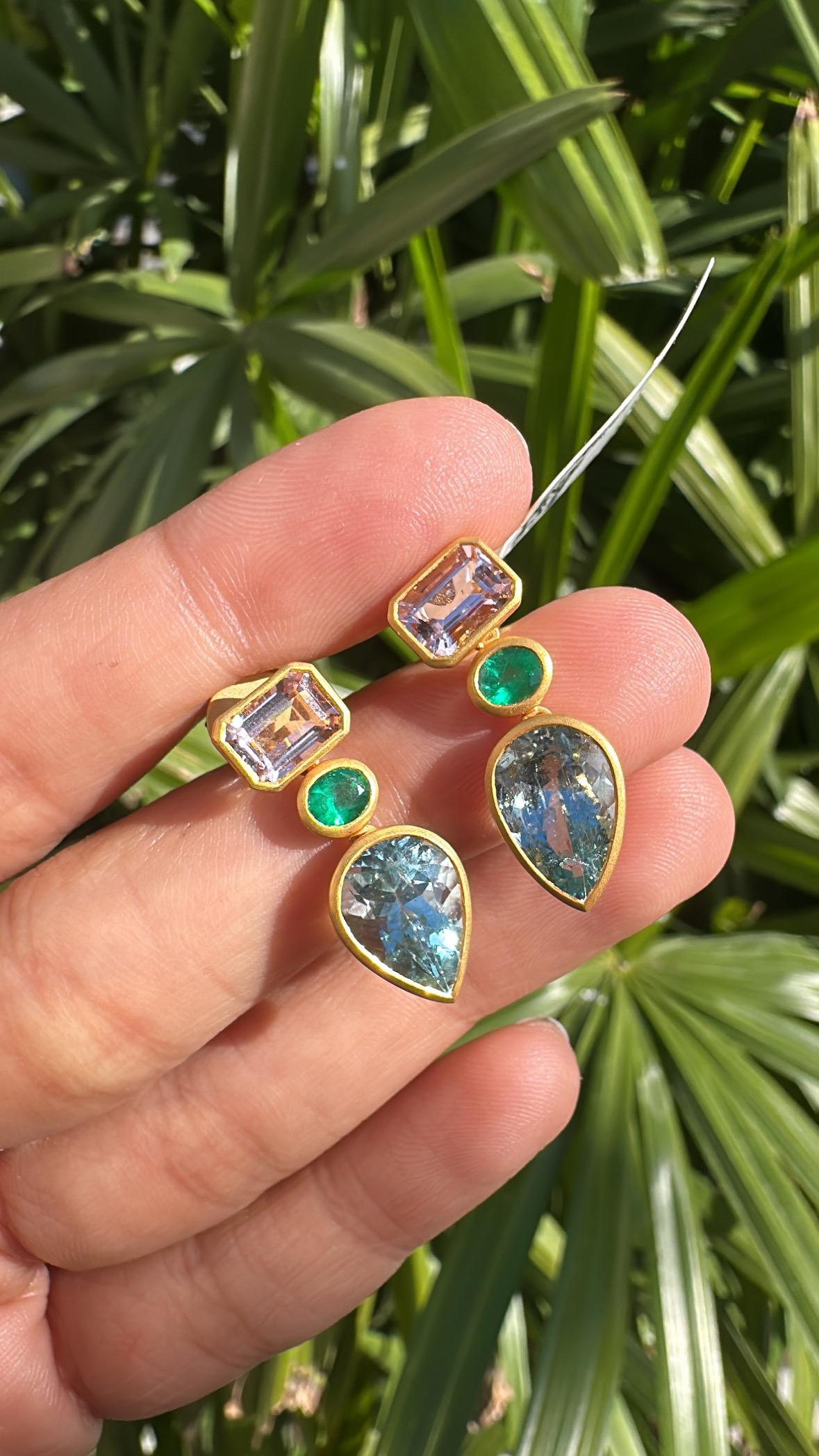 Set in 18K yellow Matte Gold, Aquamarine, Emerald & Morganite Dangle Earring For Sale 2