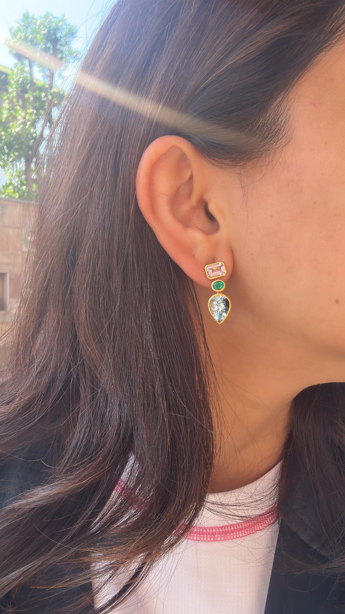 Set in 18K yellow Matte Gold, Aquamarine, Emerald & Morganite Dangle Earring For Sale 3