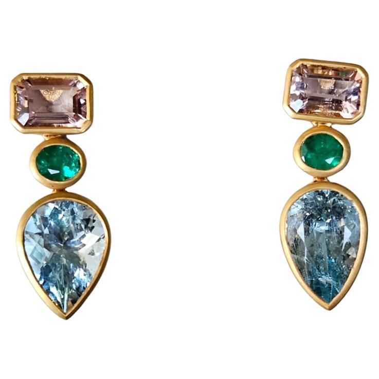 Set in 18K yellow Matte Gold, Aquamarine, Emerald & Morganite Dangle Earring For Sale
