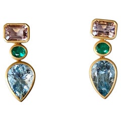 Set in 18K yellow Matte Gold, Aquamarine, Emerald & Morganite Dangle Earring