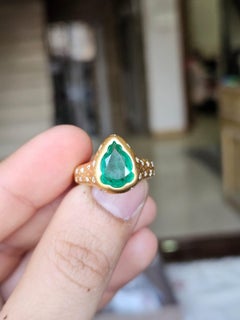 Set in 18K Yellow Matte Gold, natural Zambian Emerald & Diamonds Engagement Ring
