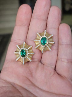 Set in 18K Yellow Matte Gold, natural Zambian Emeralds & Diamonds Stud Earrings